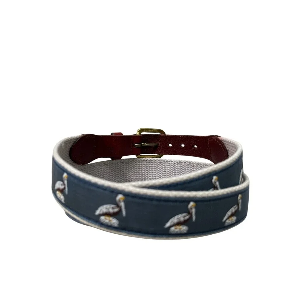 Mens Pelican Embroidered Surcingle Belt Navy Burgundy Leather Brass Buckle 36